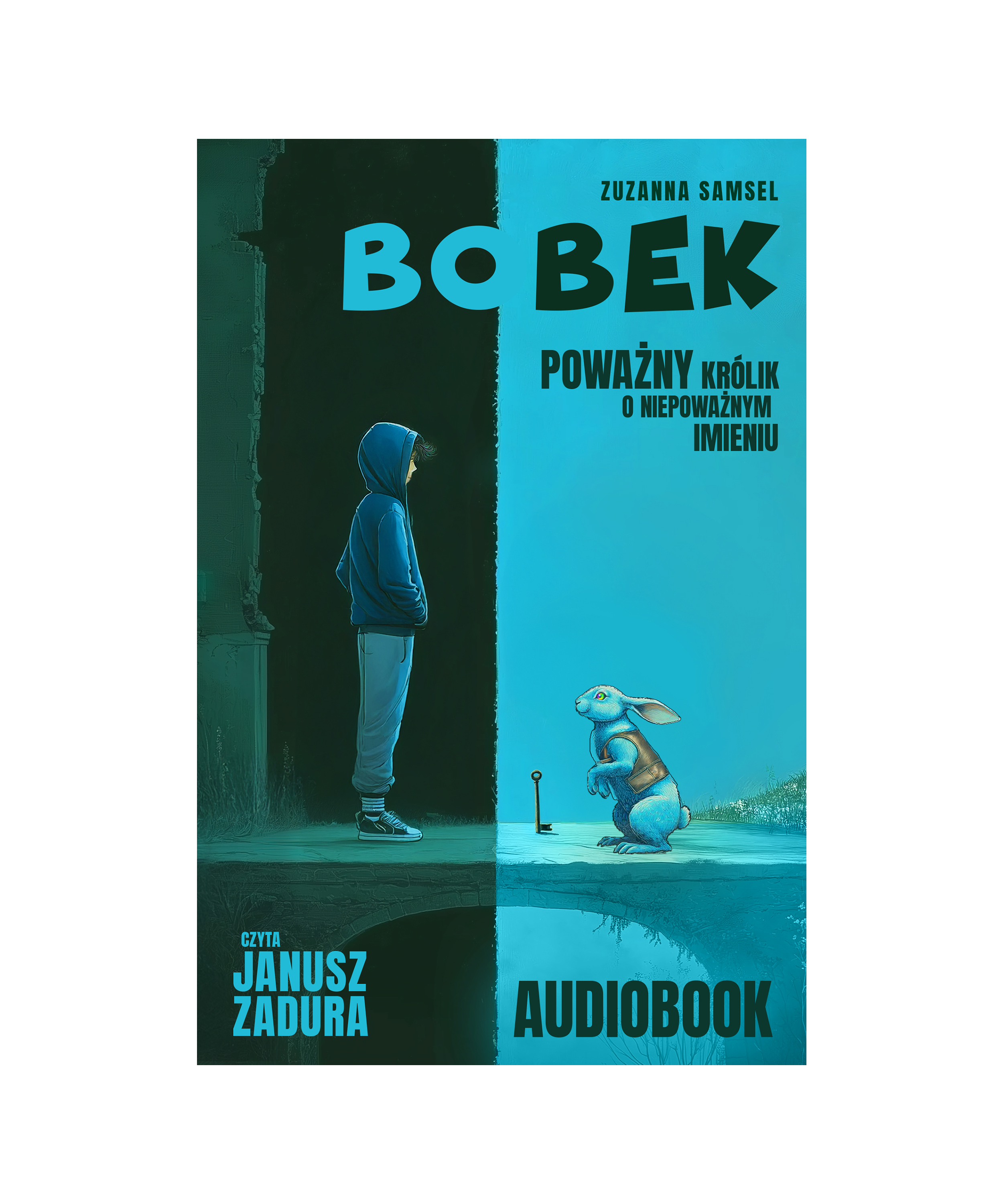 Bobek_audiobook_tło Okładka_Audiobook_Bobek powazny królik o niepowaznym imieniu Janusz Zadura